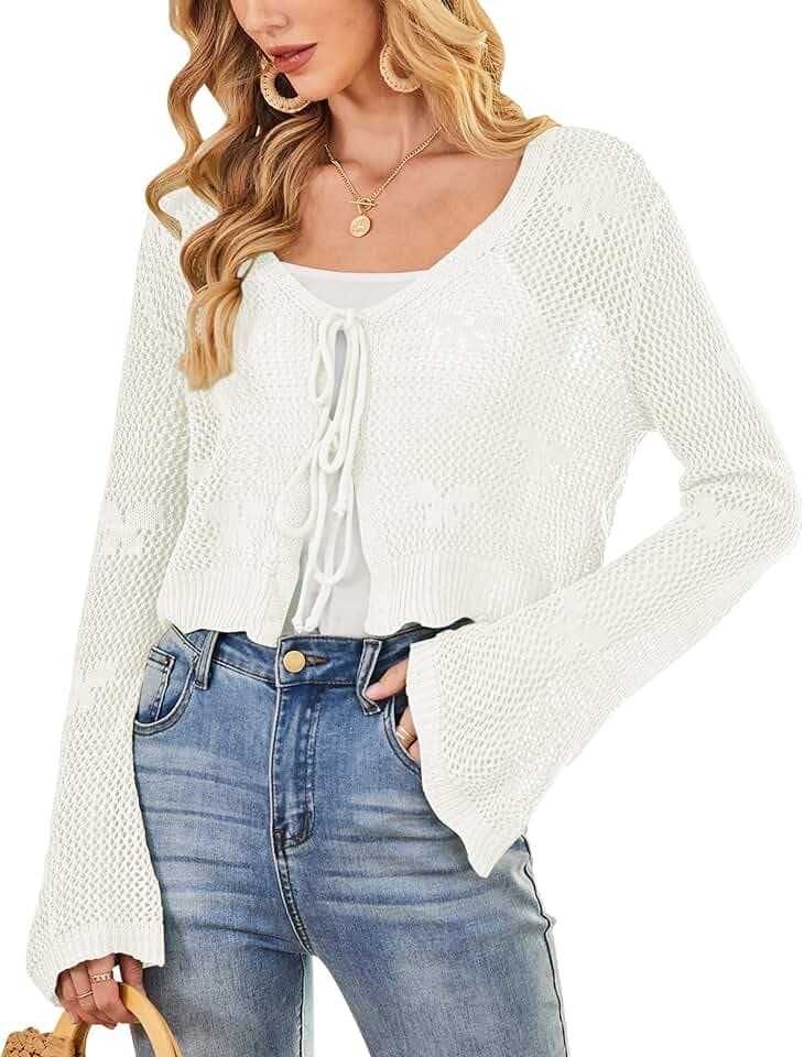 Balimtoy Womens Crochet Cardigan Tie Front Bell Sleeve Open Knit Sweater