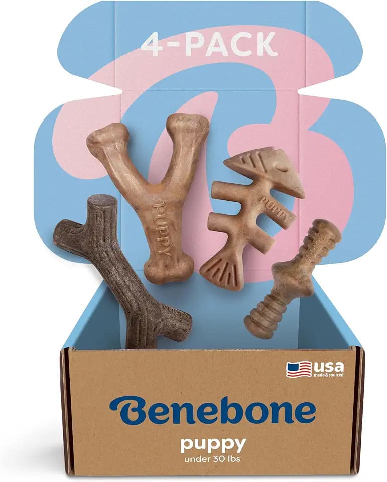 Benebone Puppy 4-Pack Dog Chew Toys for Gentle Chewers, Dog Bones, Small