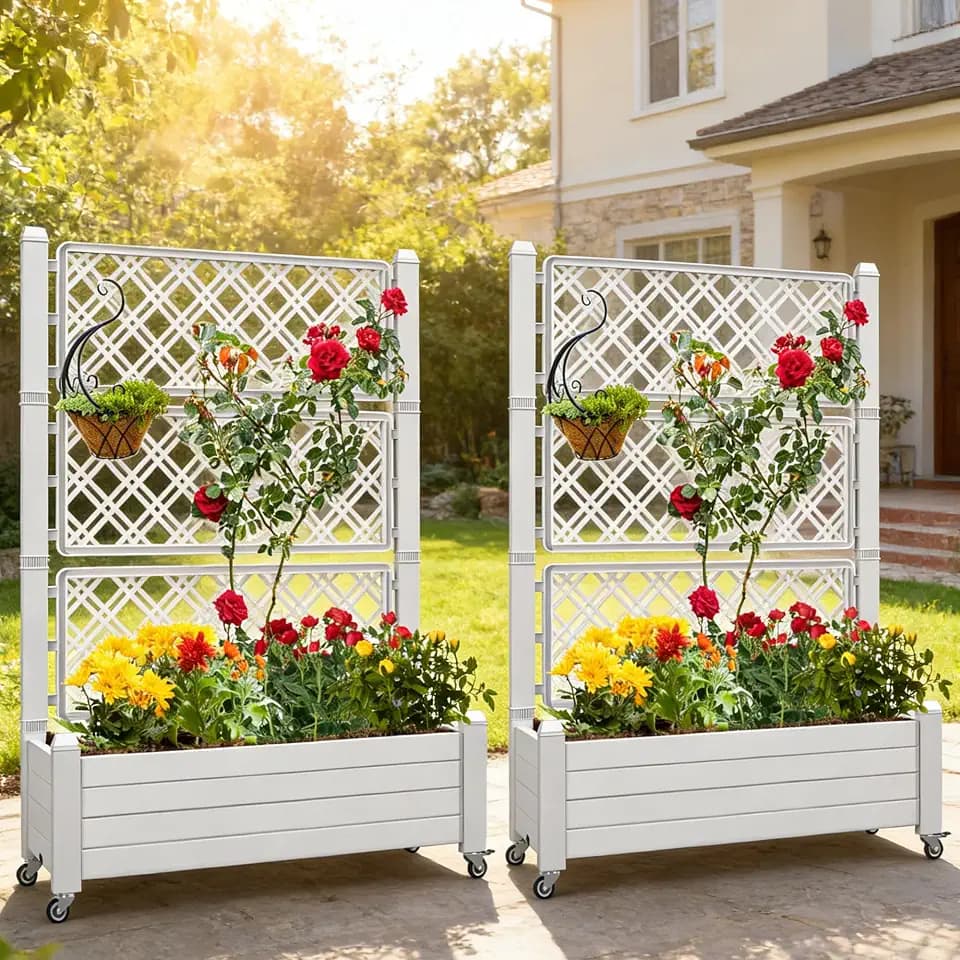 YITAHOME 43.3x17.7x61 in Planter Boxes Outdoor with Trellis 2pcs Resin Raised Garden Bed with Wheels & Drain Plug for Climbing Plants, White