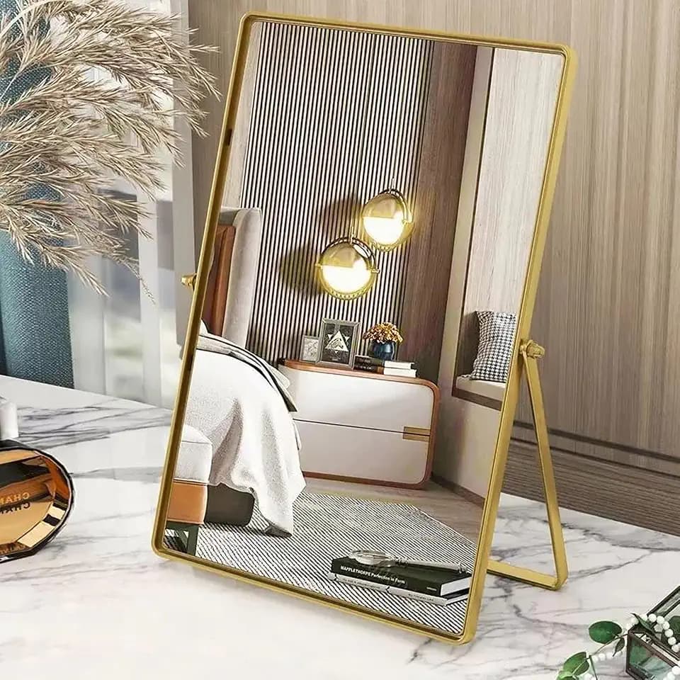 Schminkspiegel Gold Rechteckiger Tischspiegel mit Metallrahmen Tragbarer Eitelkeitstischspiegel 90°Einseitig hochauflösender Schminkspiegel für Kommode Wohnzimmer Schlafzimmer Büro