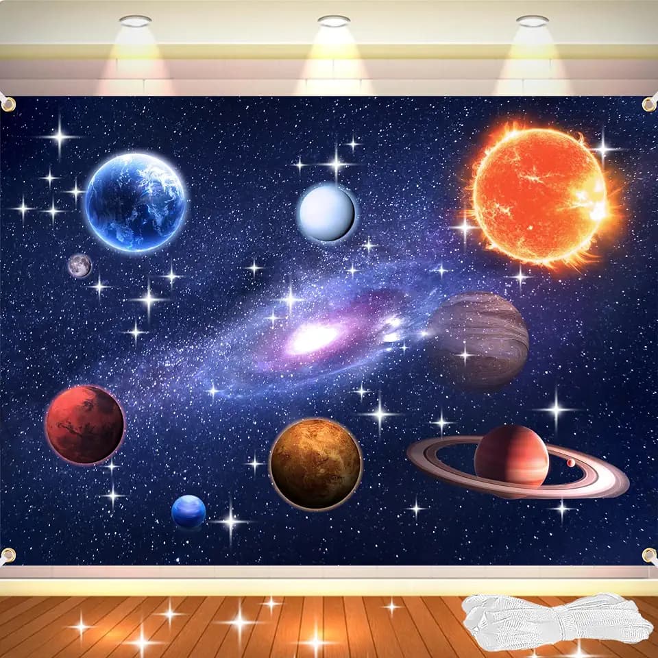 7x5FT Outer Space Backdrop with Ribbon – Galaxy Planet Space Backdrop for Boys Girls Birthday Party Decorations, Starry Sky Photography Background with Brass Grommets & Double Stitching