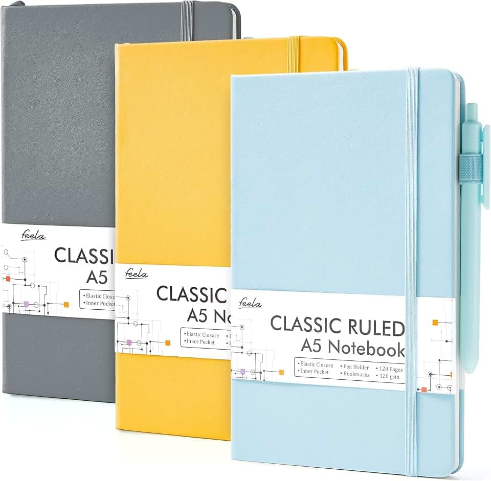 feela Notizbuch A5 liniert Hardcover, Notizbücher Set mit 3 Farben, Journal Buch mit 3 Gelstifte schwarz, 120 GSM, 13x21cm, Notizblock Set geeignet für Büro, Schule, für Kinder und Erwachsene, Din A5