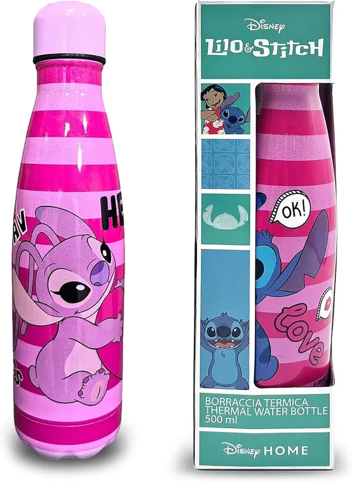 Kinder Trinkflasche Stitch – BPA-freie Thermo Aluminiumflasche 500ml – Isoliert – Nachhaltige Wasserflasche – Pink-gestreift