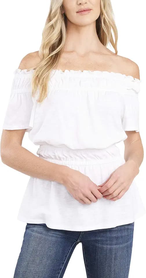 CeCe Short Sleeve Off Shoulder Peplum Tee Ultra White SM