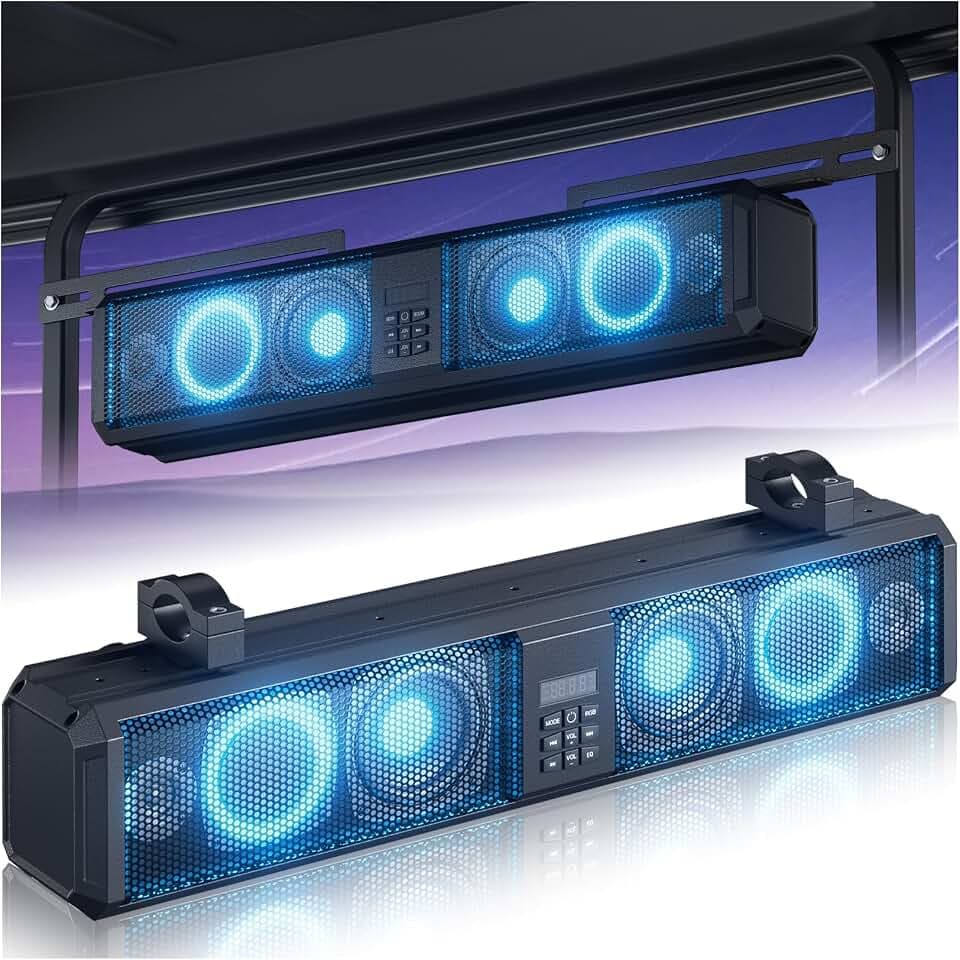 26 Inch Golf Cart Sound Bar, Golf Cart Soundbar Bluetooth with RGB LED Lighting, UTV ATV Soundbar 4X Subwoofers Music Sync IP66 Waterproof, Golf Cart Speaker Stereo System for Club Car EZGO YAMAHA UTV