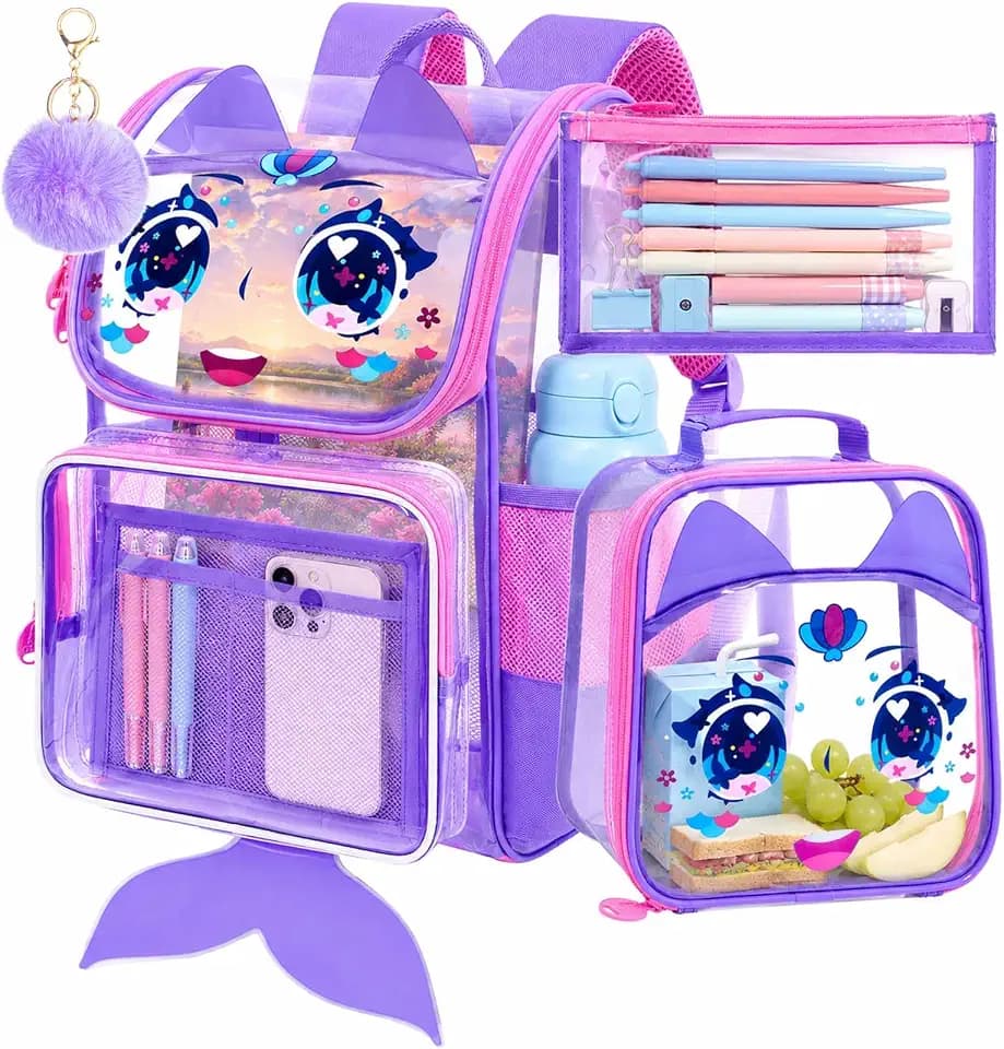 KLFVB 3PCS Clear Backpack for Girls and Boys, Kids See Through School Bag Heavy Duty, Transparent Bookbag for Elementary