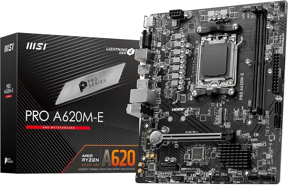 MSI PRO A620M-E Mainboard Micro-ATX - Unterstützt AMD Ryzen 7000 Series Prozessoren, AM5 - DDR5 Memory Boost 6400+MHz/OC, 1 x PCIe 4.0 x16, 1 x M.2 Gen4