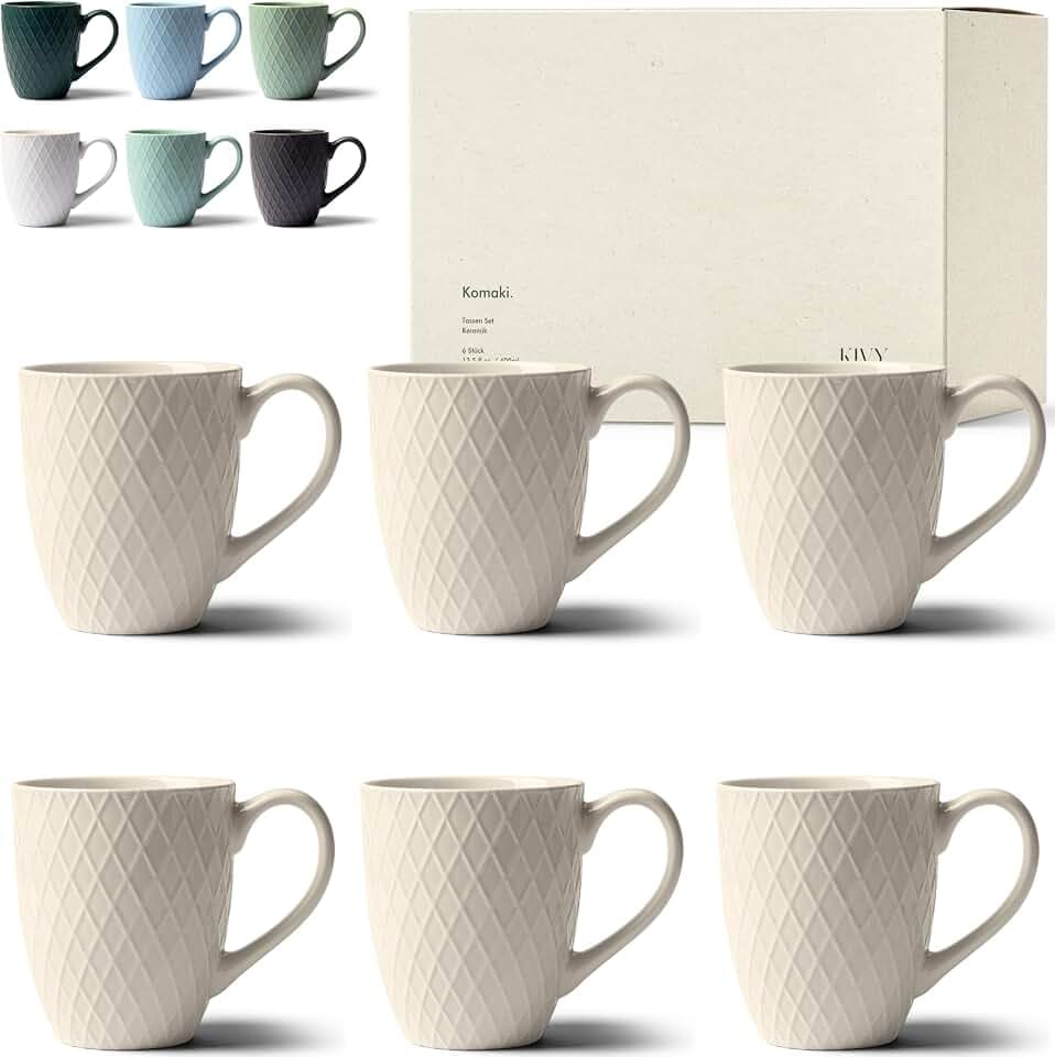 KIVY Tassen Set 6er x 400ml - Große Kaffeetassen Set - Teetassen | Kaffeetasse groß - Kaffee Tassen Sets - Kaffeebecher Keramik Becher - Bechersets - Kaffeepott Modern - Kaffeehäferl - Weiß