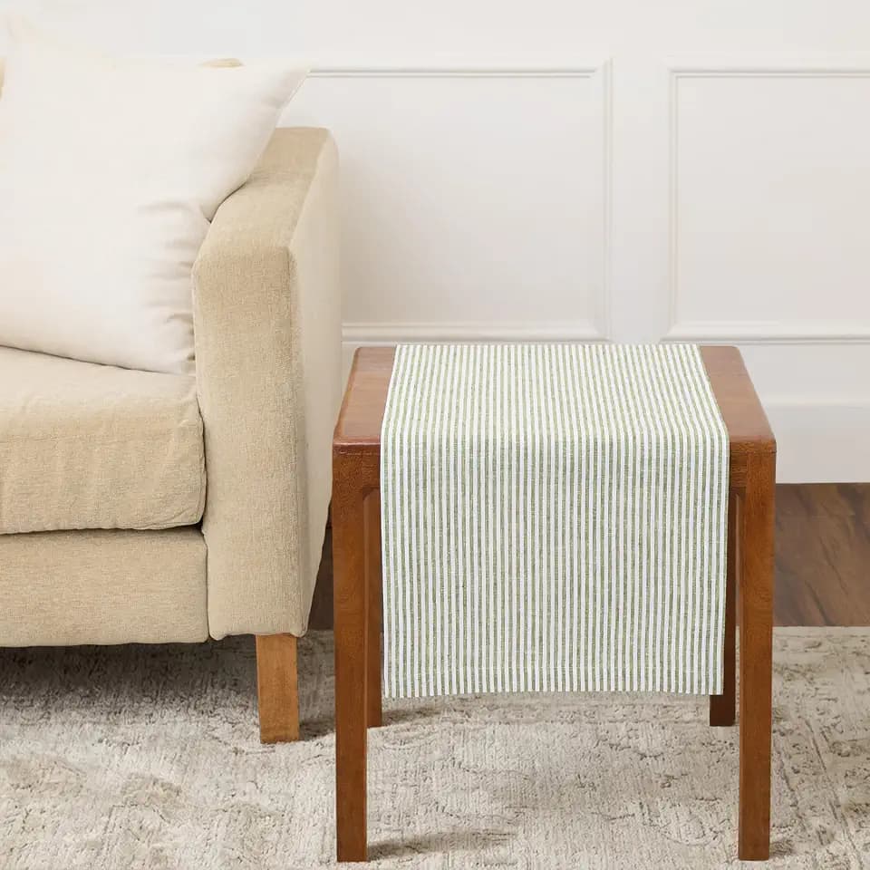 Solino Home 100% Linen Table Runner, 14 x 36 in, Avocado and White Striped