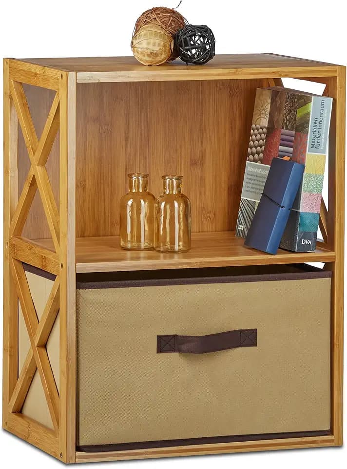 Relaxdays Regal Bambus mit Korb, 2 Ablagen, Holz Standregal, Badregal, Faltbox, HxBxT: 54 x 42 x 29 cm, Natur braun