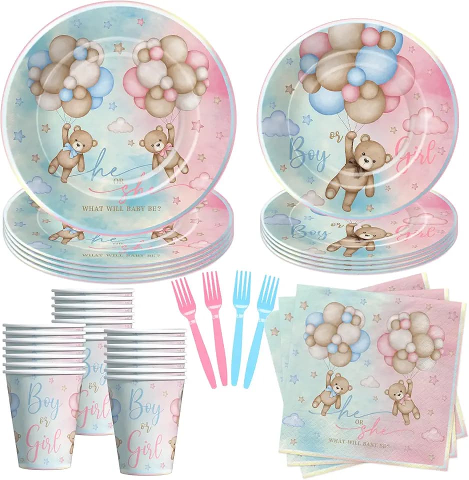 Bear Gender Reveal Decorations Party Tableware - Bear Boy Or Girl Gender Reveal Supplies, Paper Plate, Cup, Napkin, Disposable Fork, He Or She Gender Reveal Table Decorations | Serve 24