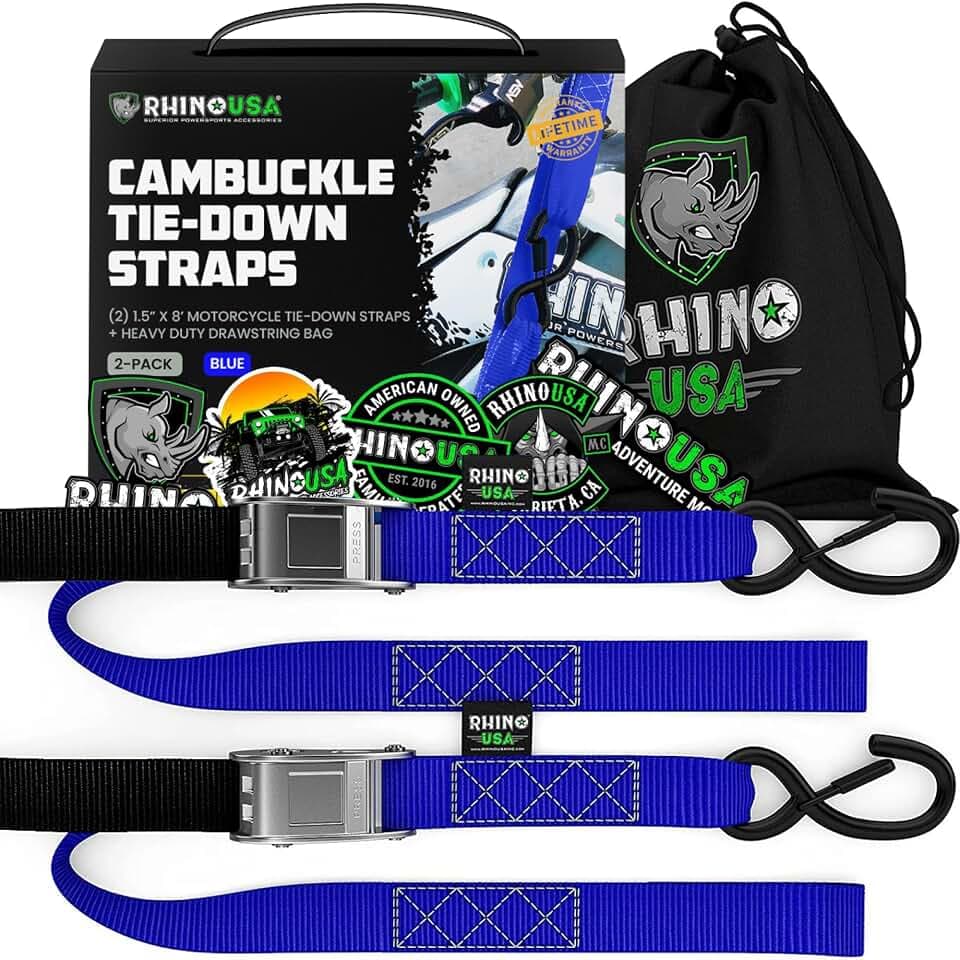 Rhino USA Motorcycle Tie Down Straps (2-Pack) - Cambuckle with Soft Loops