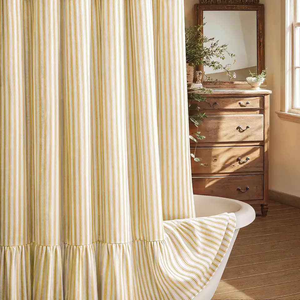 Farmhouse Shower Curtain Ruffle Linen Cream-Yellow Stripe 72"W x 72"L