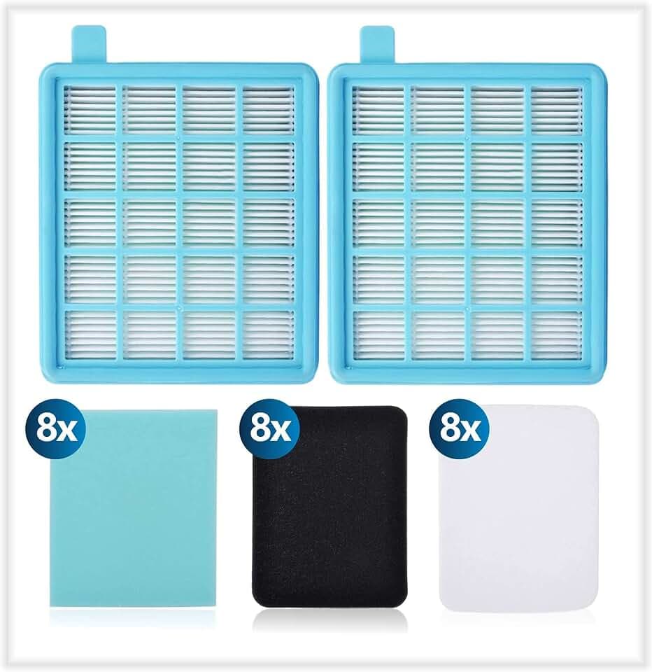 KEEPOW Filter für Philips PowerPro Active Compact Eco FC8477/91, Philips Power Cyclone 4 Filter, 2x EPA10-Motorfilter, 16x Abluftfilter mit Schaumstoff, 8x Motoreinlassfilter