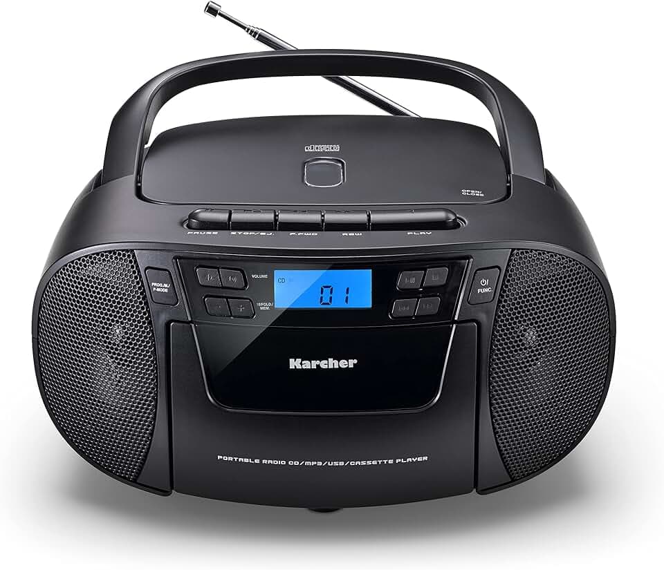Karcher RR 5045 tragbares CD Radio (Boombox mit CD-Player, Kassette, UKW Radio, Netzbetrieb, USB & AUX-In) Schwarz