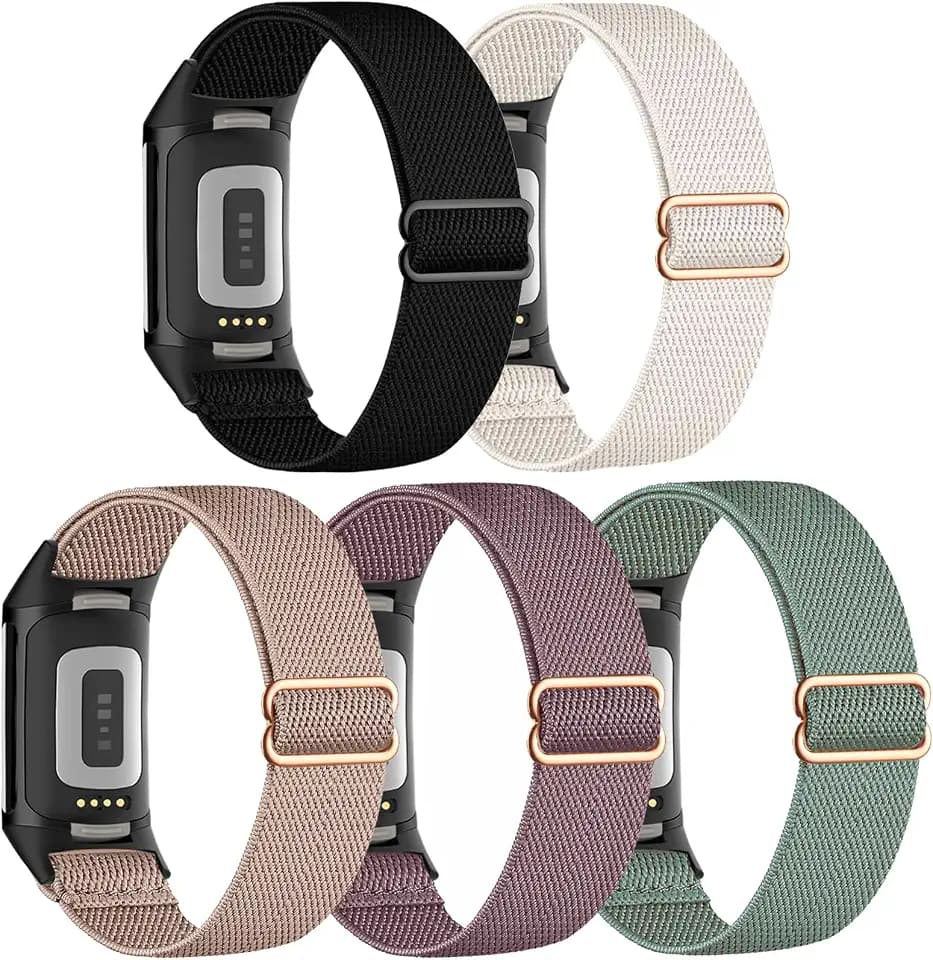 5 Pack Stretchy Watch Bands Compatible with Fitbit Charge 6 Bands/Fitbit Charge 5, Loop Nylon Elastic Fabric Strap for Fitbit Charge 5/6 Women Men