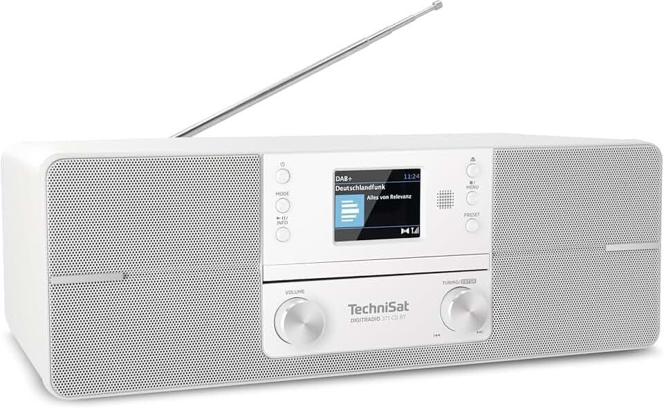 TechniSat DIGITRADIO 371 CD BT - Stereo Digitalradio (DAB+, UKW, CD-Player, Bluetooth, Farbdisplay, USB, AUX, Kopfhöreranschluss, Kompaktanlage, Wecker, 10 Watt, Fernbedienung), Weiß