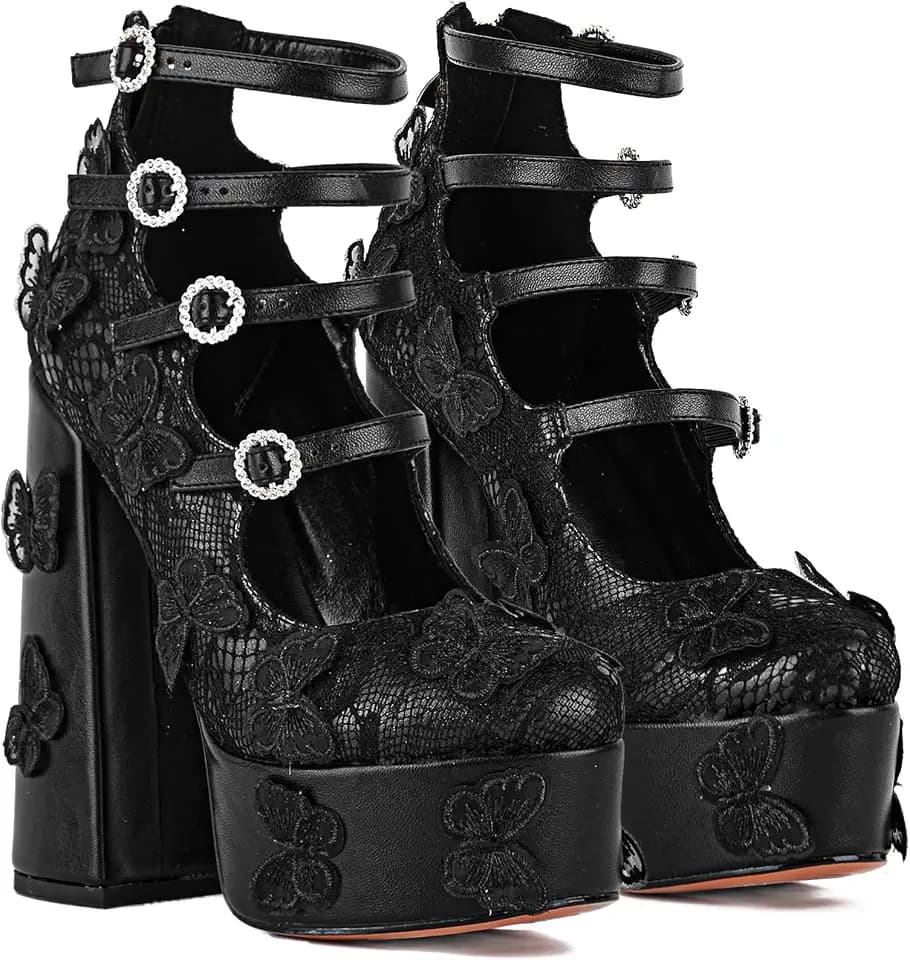 KISTANIA Women's Platform Chunky Heels with Lace Butterfly Square Toe Ankle Strap Mary-Jane Platform Pumps