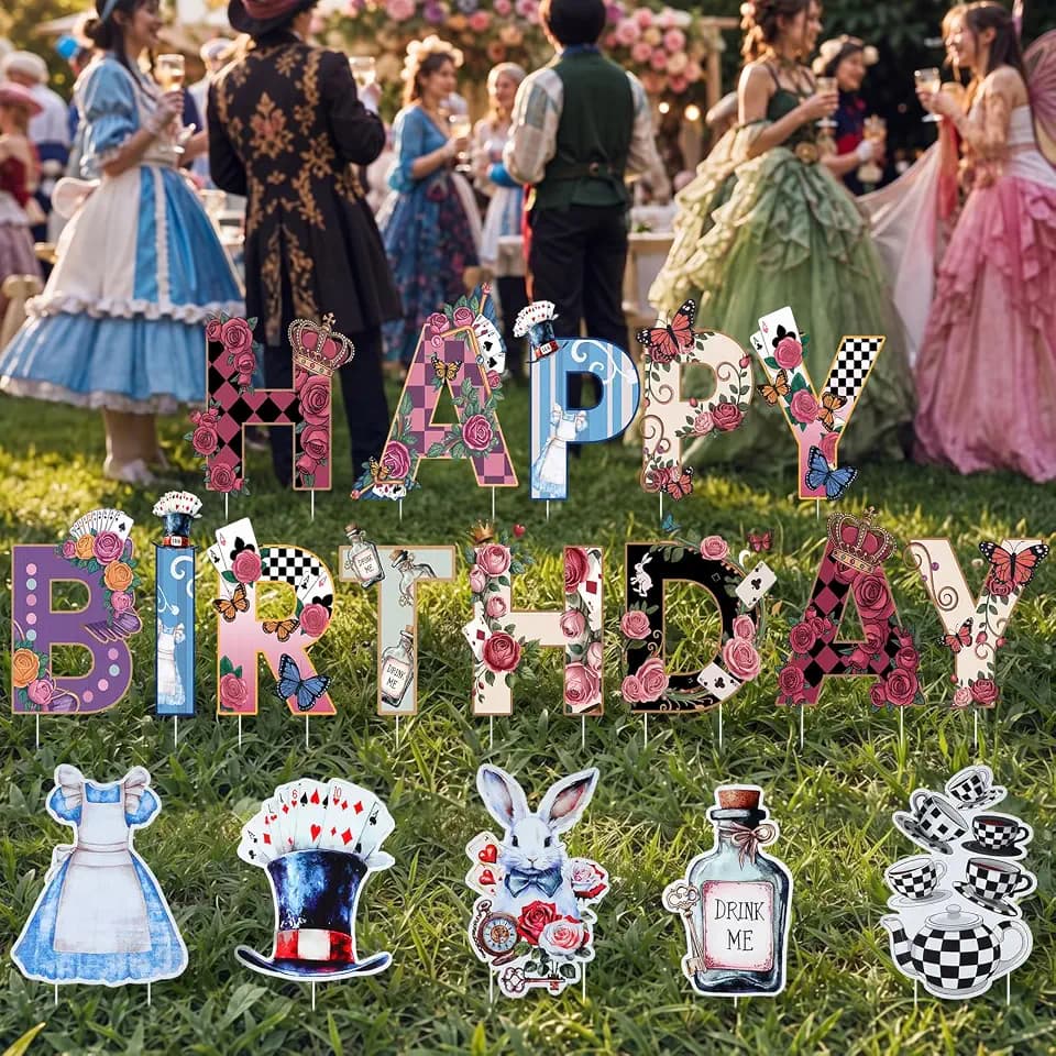 Novabright 18 Pcs Wonderland Tea Party Decorations Happy Birthday Yard Signs with Stakes Butterflies Poker Cards Teacups Wonderland Birthday Decor for Garden Backyard Lawn Baby Shower Party Supplies