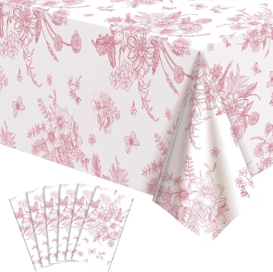 6 Pcs Pink Floral Plastic Tablecloths, Disposable Wedding Table Cloth