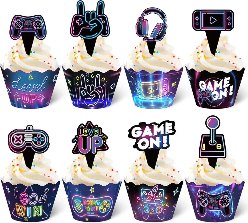 Nuenen 96 Pcs Video Game Cupcake Topper and Wrappers Set, Neon
