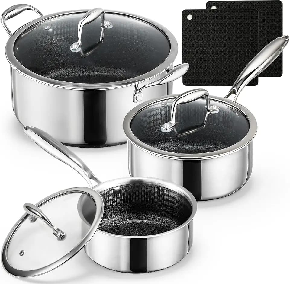 8pc Hybrid Stainless Steel Pot Set,8qt Soup Pot & 2/3qt Saucepans