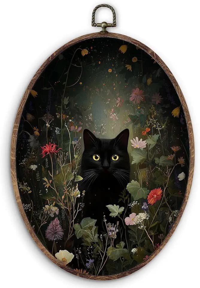 KTYHD Dark Academia Black Cat Botanical Oval Wall Art Decor,Vintage Botanical Gothic Moody Oval Canvas Wall Art,Dark Academia Wildflower Pictures Framed Decor for Kitche Home Bathroom Home Décor Products
