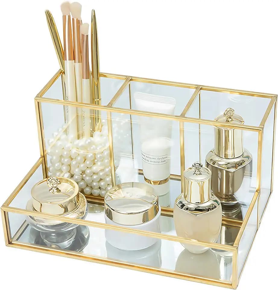 HARLIANGXY Make up Kosmetik Organizer, Make up Pinselhalter Glas, Beauty Organizer, Kosmetikpinsel Behälter, Cosmetic Organizer Gold, Schmink Aufbewahrung Box