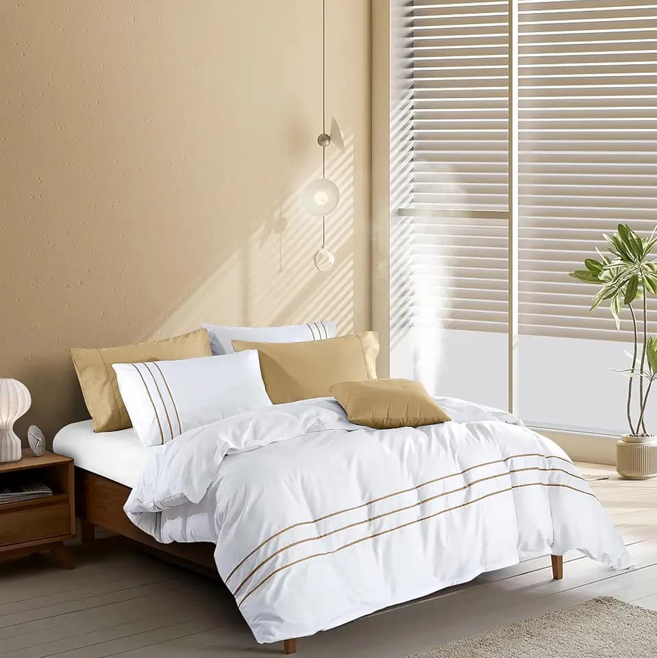 Duvet Cover Set 2 pcs(1 Duvet Cover+1 Pillowcases) 100% Cotton Sateen Woven Hidden Zipper Closure… (White Beige, Twin)