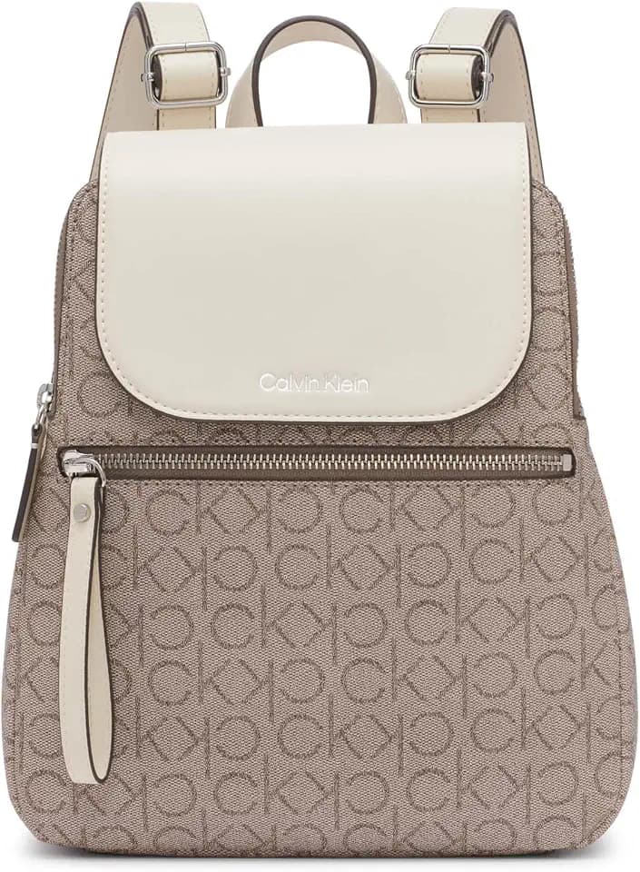 Calvin Klein Women's Elaine Signature Flap Backpack, Almond, OS