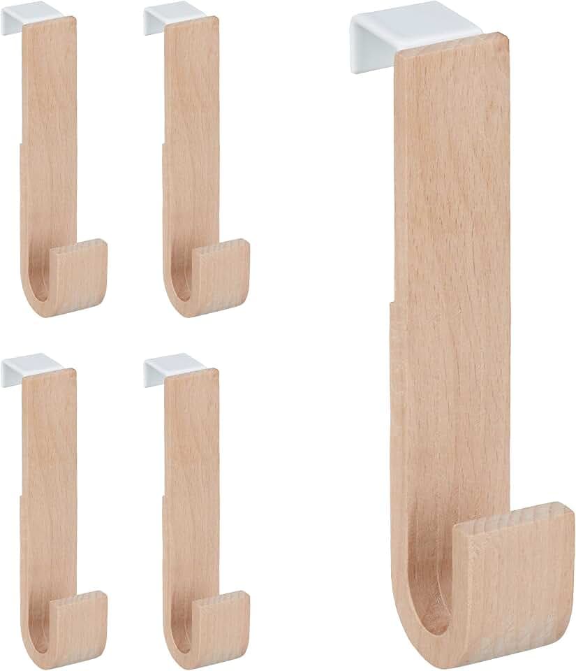 Relaxdays Türhaken im 5er Set, Holz & Eisen, Jacken, Handtücher, Kleiderhaken Flur, HxBxT: 13 x 2,5 x 6 cm, weiß/natur
