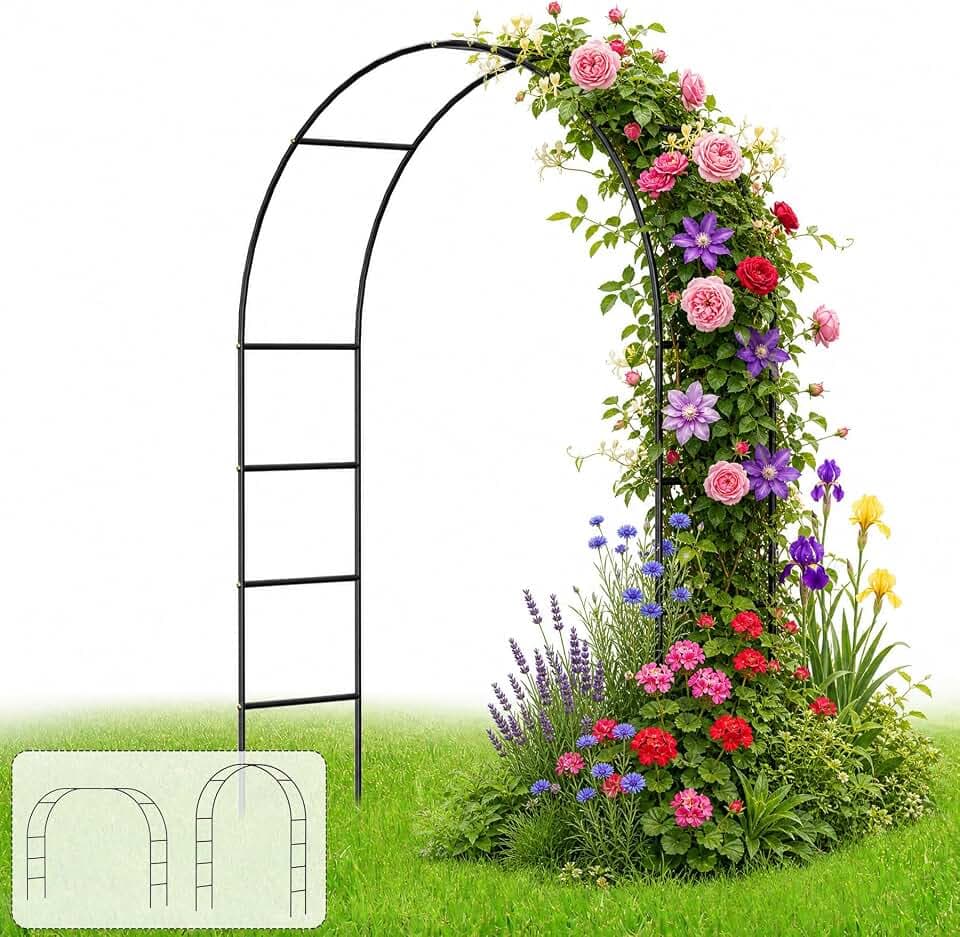 Gartenbogen aus Metall, 2,4M Garten-Torbogen Pulverbeschichteter Stahlrahmen für Pflanzen zur Unterstützung von Rosen, die Torbogen-Gartendekoration (Schwarz)