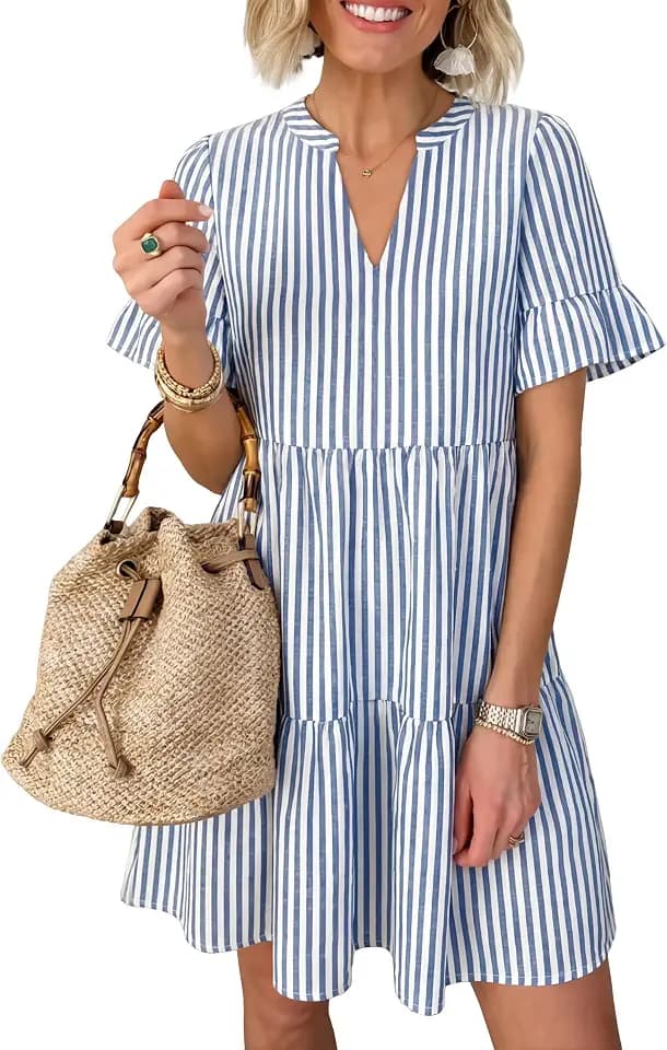 Caracilia Womens Summer Striped Short Ruffle Sleeve V Neck Mini Dress