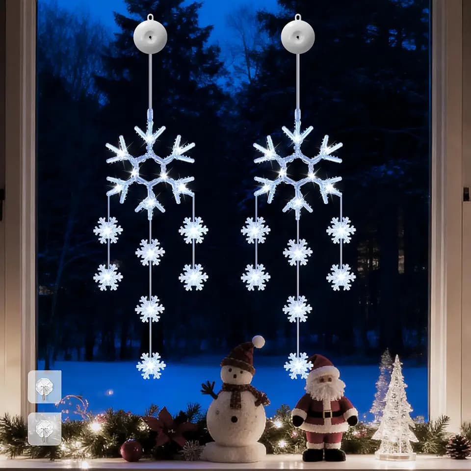 Weihnachtsbeleuchtung Fenster Innen, 2 Stück Schneeflocke Fenster Lichterkette, Weiß LED Lichtervorhang mit Batteriebetriebene, Timer, 8 Modi für Weihnachtsdeko Balkon Fest Party Hochzeit