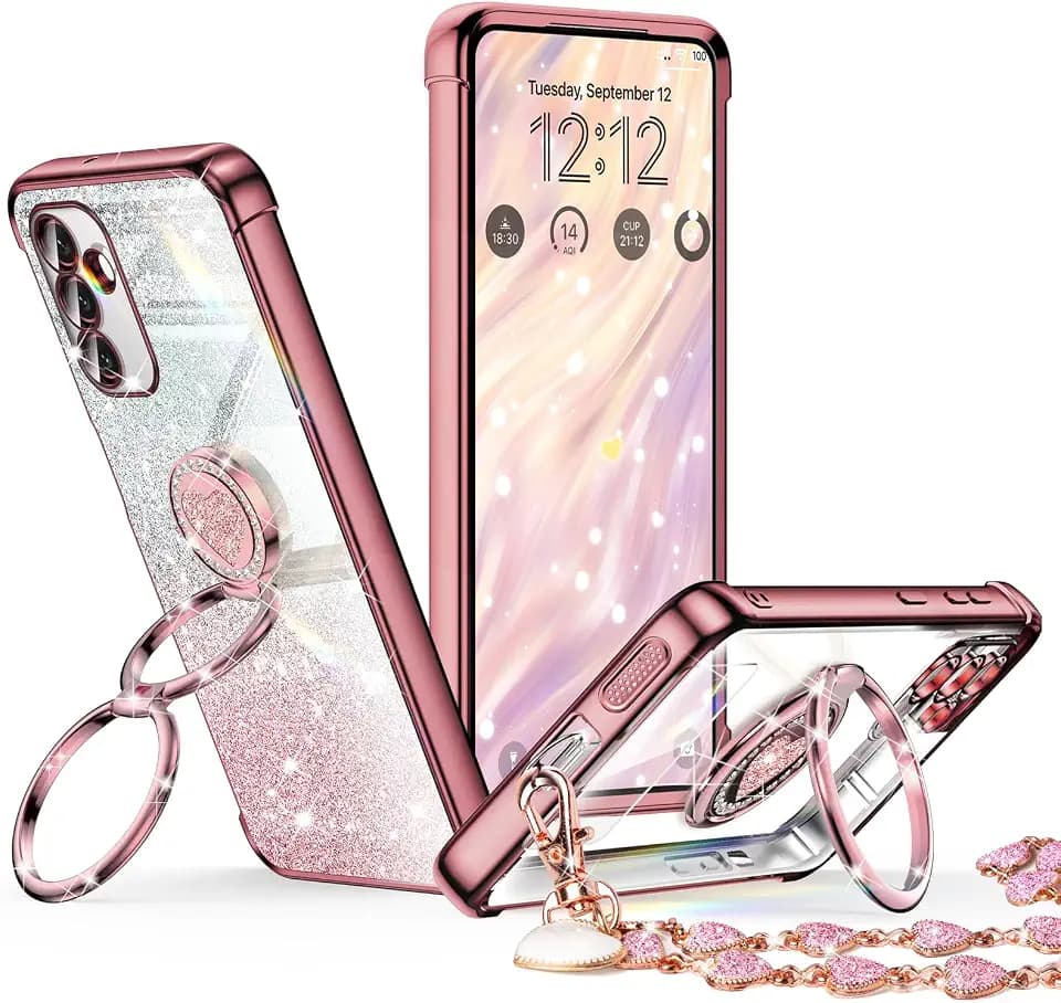 XYZ for Galaxy S26 Case with Stand, for Samsung Galaxy S26 Case with Double Ring, Women Girls Bling Luxury Glitter Clear Phone Case Cover Heart for Samsung S26, Rose Gold