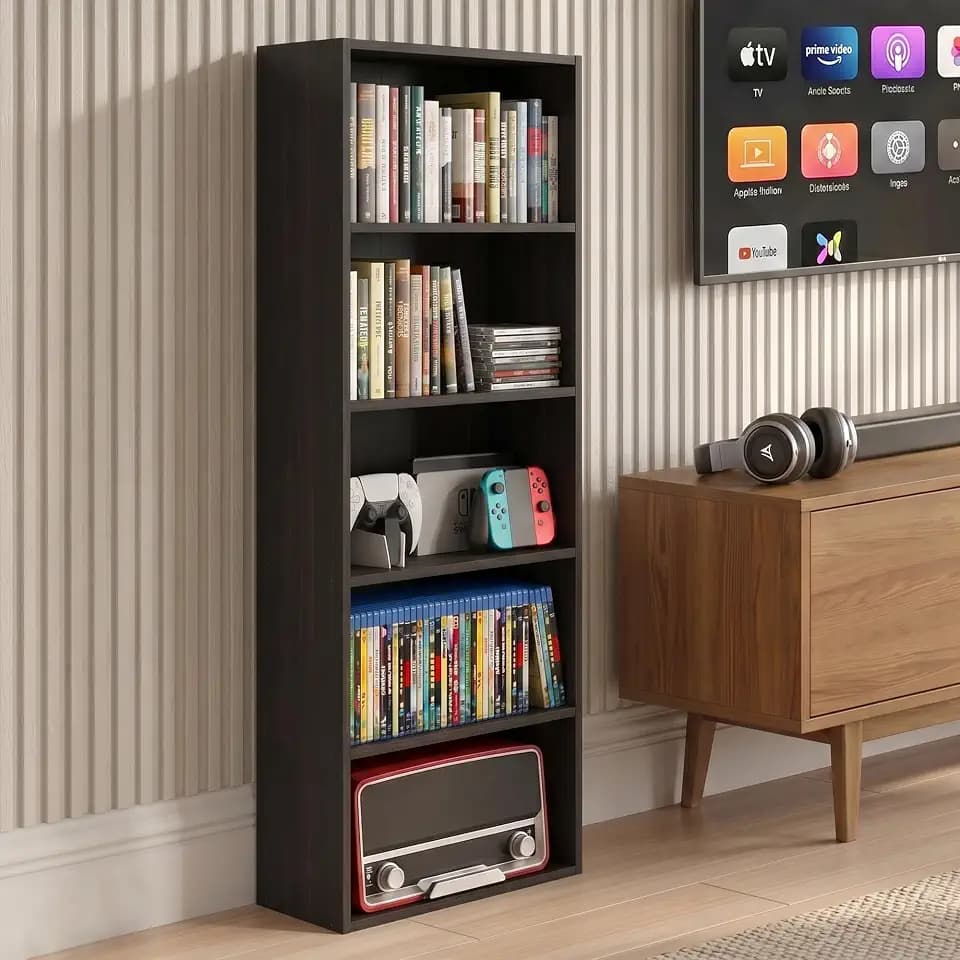 Furinno Basic DVD Shelf, 5-Tier CD Rack, Cube Storage, Espresso