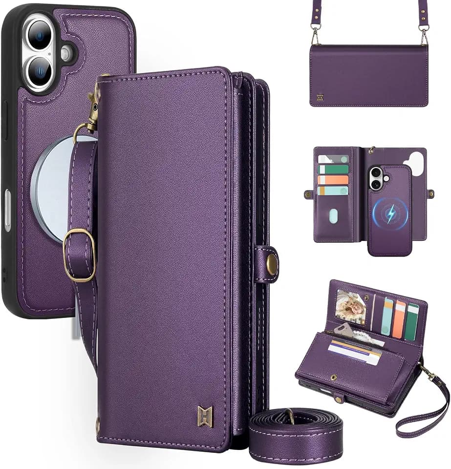 for Wallet Case Compatible with iPhone 17,Multi-Function Detachable 3 in 1 Magnetic iPhone 17 Case Wallet,Flip Strap Zipper Card Holder Phone Case with Shoulder Straps (Pruple)