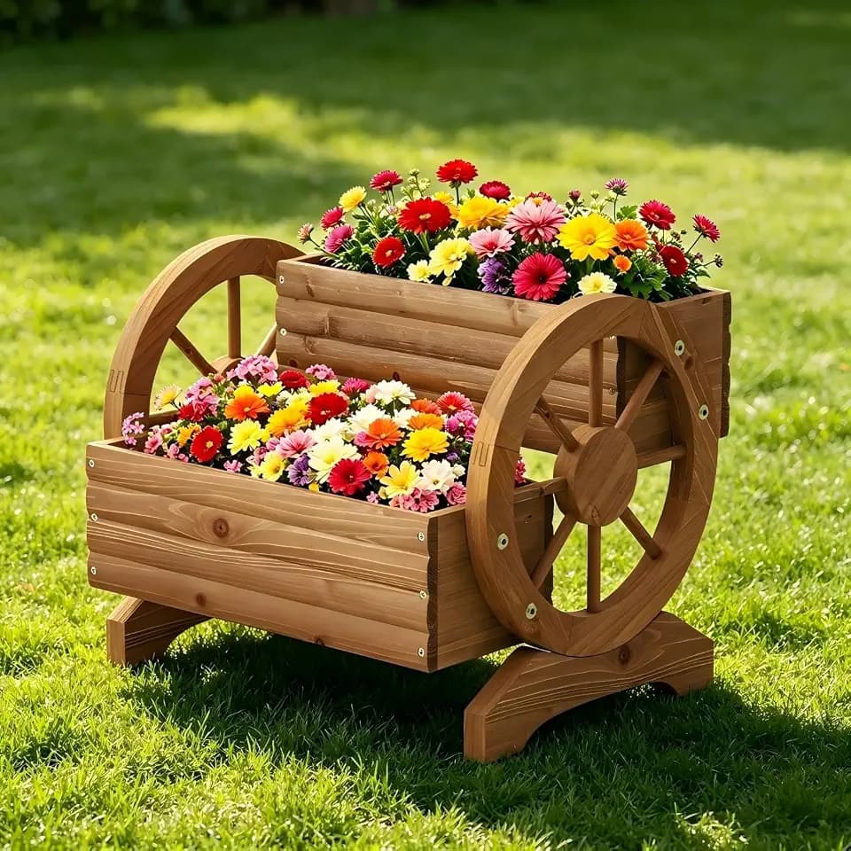 Wooden Wagon Planter for outdoor plants garden decor for outside Porch