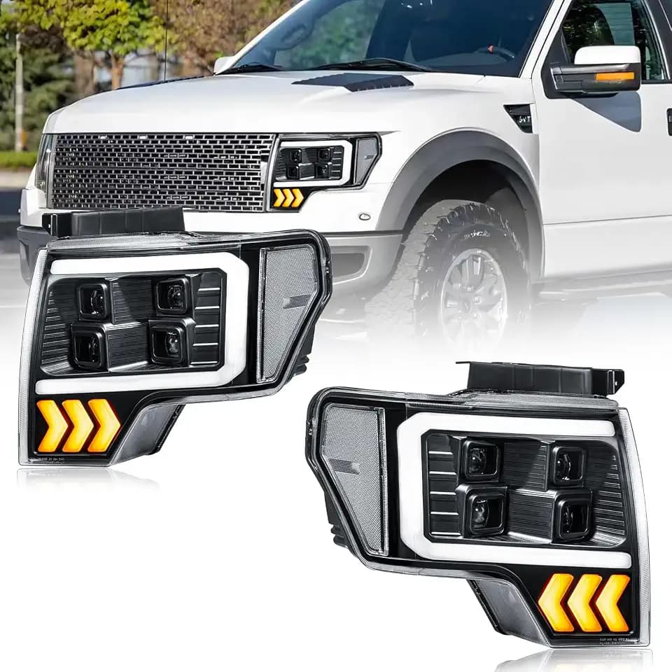Pair for 2009-2014 Ford F150 Headlights w/Quad LED Projectors DRL Plug & Play Replace 09-14 F-150 Pickup Black Housing Clear Reflector