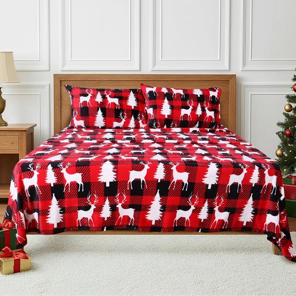 Gogreen Flannel Sheet Set Christmas Printed 4PC Deep Pocket Full Sheet Set Fit 16", Breathable Super Soft Full Size Sheet Set, Luxury Hotel Style Home Decor Full Bed Sheet Set, Gift for Women, Men