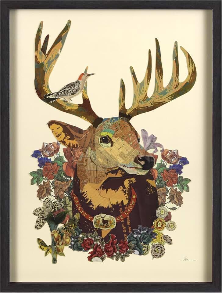 Empire Art Direct Mr. Deer Dimensional Collage Handmade by Alex Zeng Framed Graphic Wall Art, 33" x 25" x 1.4", Ready to Hang