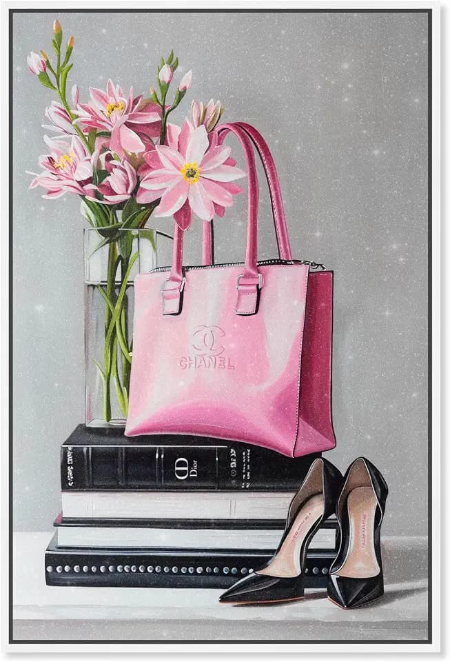 Art Remedy Delicate Pink Purse and Books Canvas Fashion Prints, White Frame, 20" x 30"