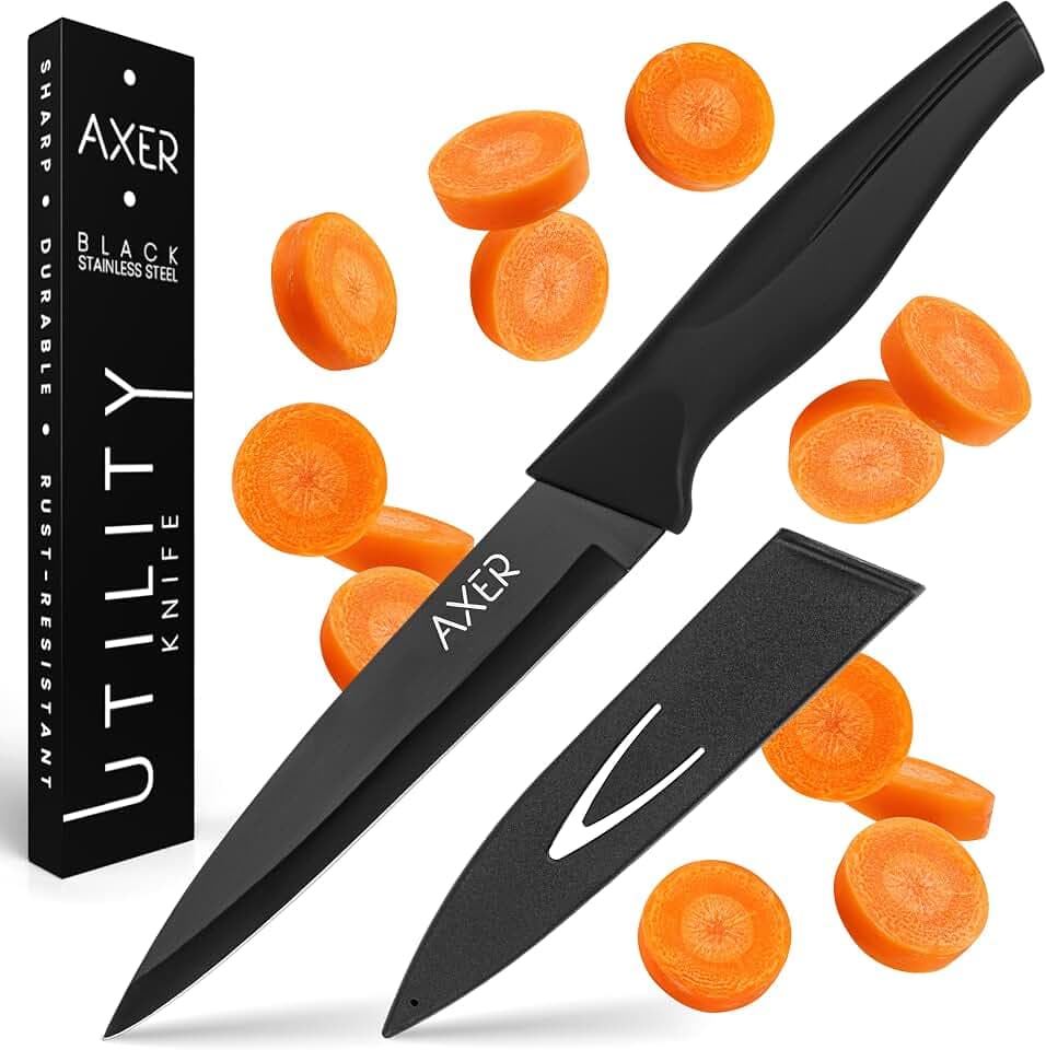 Axer Universalmesser - 12 cm Klingenlänge - Großes Allzweckmesser - Universalmesser Obst & Gemüse & Kräuter - Edelstahl Allzweckmesser mit Schutzhülle - Scharfe Klinge - Utility Knife - Schwarz