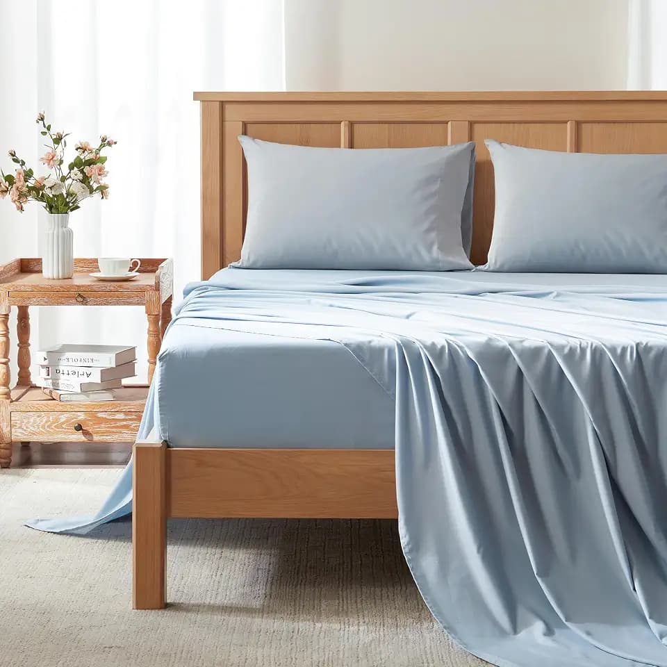 Comfort Spaces Coolmax Moisture Wicking Sheet Set Soft, Fade Resistant, All Elastic Deep Pocket Fits Up to 16" Mattress - Warm Weather Cooling Sheets for Night Sweats, Full, Blue, 4 Piece