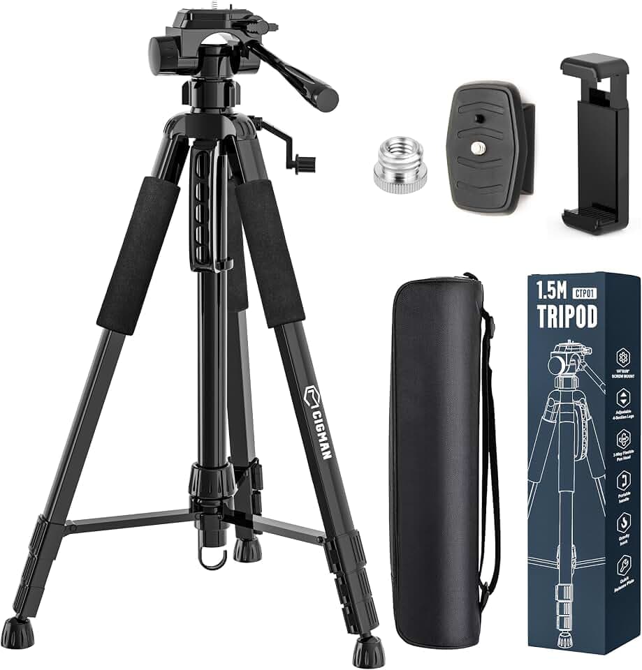 CIGMAN 1,5 m Laserstativ aus Aluminium mit 1/4" & 5/8" Gewinde | Mit 3-Wege-Neiger, integrierter Libelle sowie 1/4"- und 5/8"-Gewinde – passend für Kreuzlinienlaser, Kameras und Messgeräte