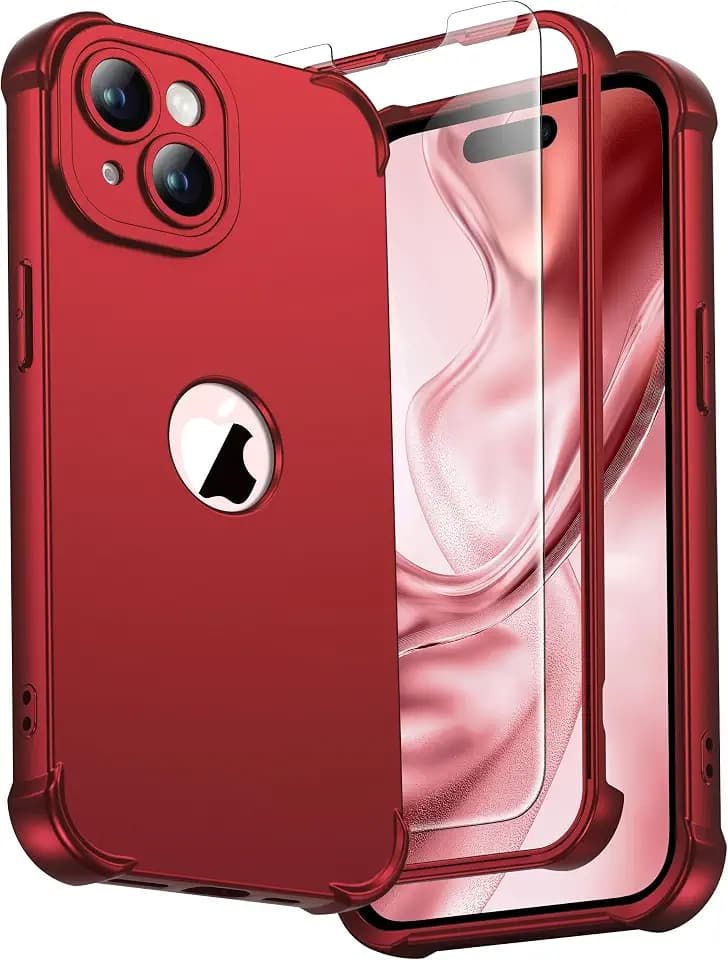ORETECH 3 in 1 for iPhone 15 Case with 2 x 9H Screen Protector,Red