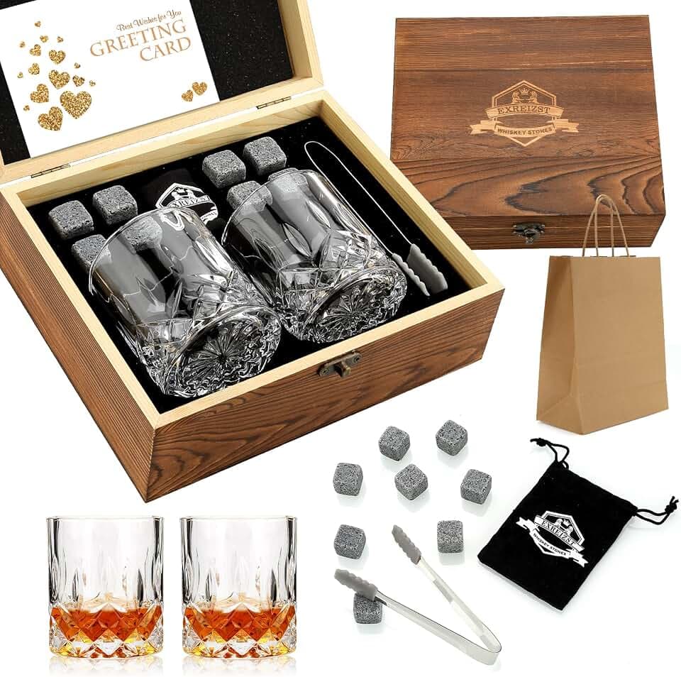 EXREIZST Whisky Gläser Set 2er mit Steinen und Holzbox