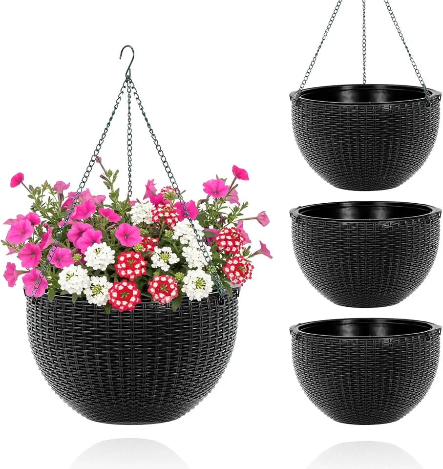 13.8 Inch Self Watering Hanging Planter, 4PCS Round Resin Hanging Basket for Indoor Outdoor Plants, Rattan Look Flower Pot with Drainage Plug, Deep Inner Pot and Sturdy Metal Triple-Chain Hanger