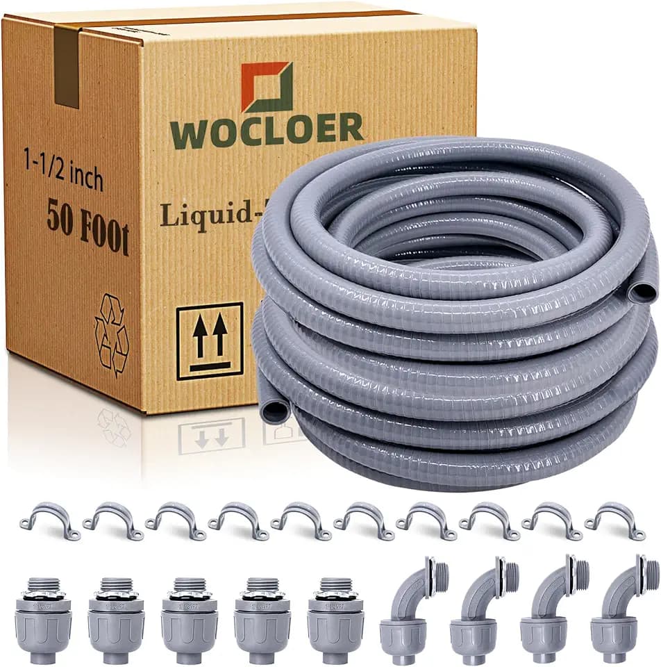 1-1/2 inch 50 Foot Liquid-Tight Conduit Kit, Flexible Non Metallic Electrical Conduit and Connector Kit, With 5 Straight and 4 Angle Fittings and Pipe Strap.