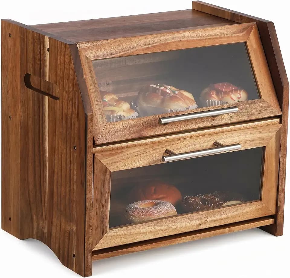 Garvee Acacia Wood Double Layer Bread Box, Clear Acrylic Door